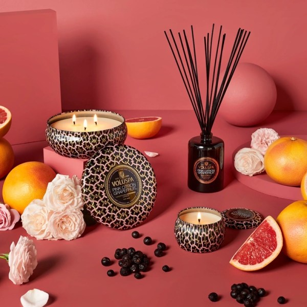 Voluspa Decorative Tin Candle Pink Citron Grapefruit 113g Black
