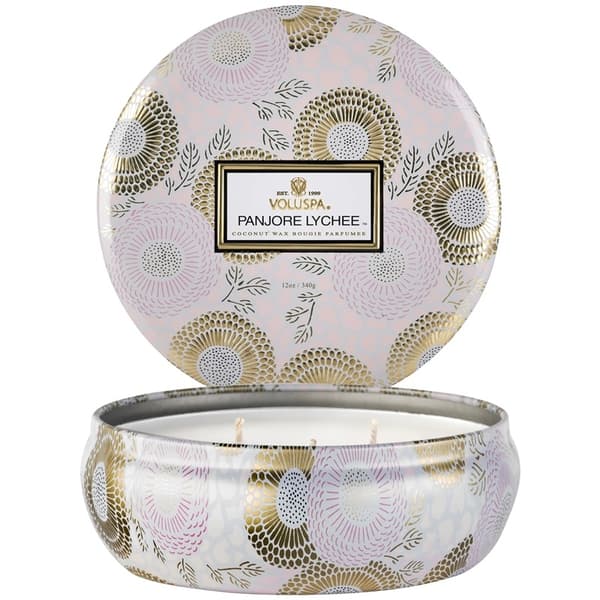 Voluspa 3-Wick Candle Decorative Tin Panjore Lychee 340g Rosa