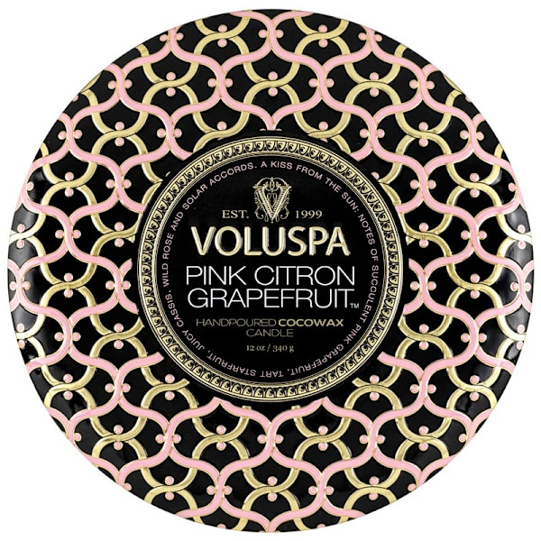 Voluspa 3-Wick Candle Decorative Tin Pink Citron Grapefruit 340g Black