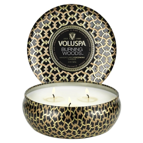 Voluspa 3-Wick stearinlys dekorativ tin brændende træ 340g White