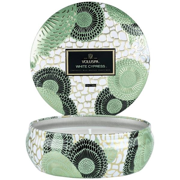 Voluspa 3-Wick Decorative Tin Candle White Cypress 340g Vit