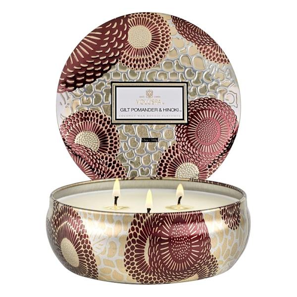 Voluspa 3-Wick Candle Decorative Tin Gilt Pomander & Hinoki 340g Blue
