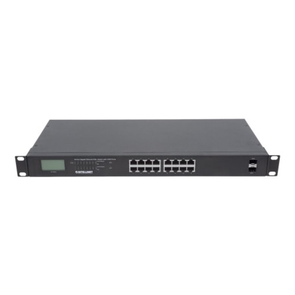 Intellinet 16-Port Gigabit Ethernet PoE+ Switch with 2 SFP Ports, LCD Display, IEEE 802.3at/af Power over Ethernet (PoE+/PoE) Compliant, 370 W, Endspa Svart