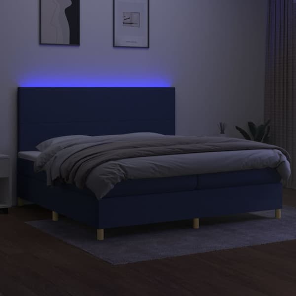 Ramsäng med madrass & LED blå 200x200 cm tyg