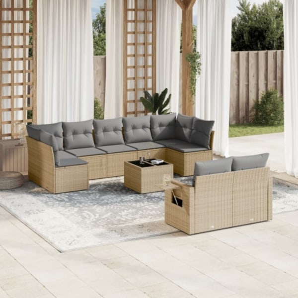 Soffgrupp för trädgård med dynor 10 delar beige konstrotting