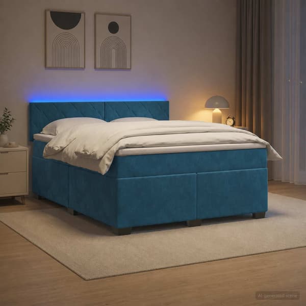 Boxspring säng med madrass och LED Blå 140 x 200 cm Sammet