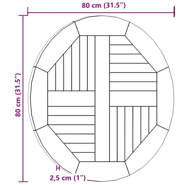 Bordsskiva i massiv teak rund 2,5 cm 80 cm