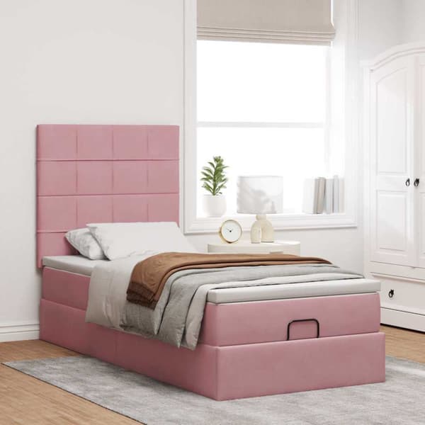 Ottoman sängram med madrasser rosa 90x190 cm sammet