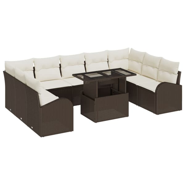 Trädgårdsoffset med kudde med lagring 10 pcs Brun Poly rattan