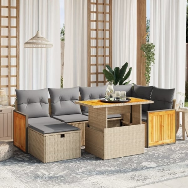 Matgrupp för trädgården med dynor 7 delar beige konstrotting