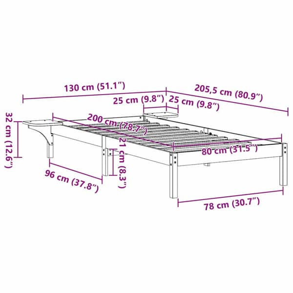 Sängram Vit 80 x 200 cm Massiv furu
