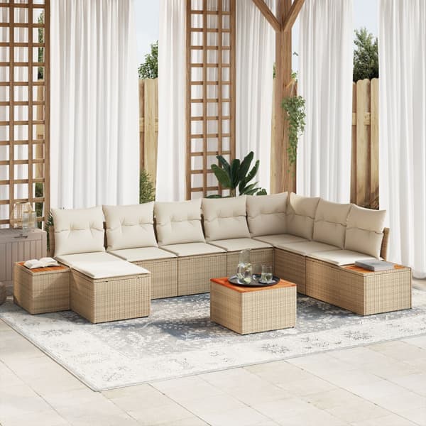 Trädgårdsoffset med kudde 9 pcs Beige Poly rattan