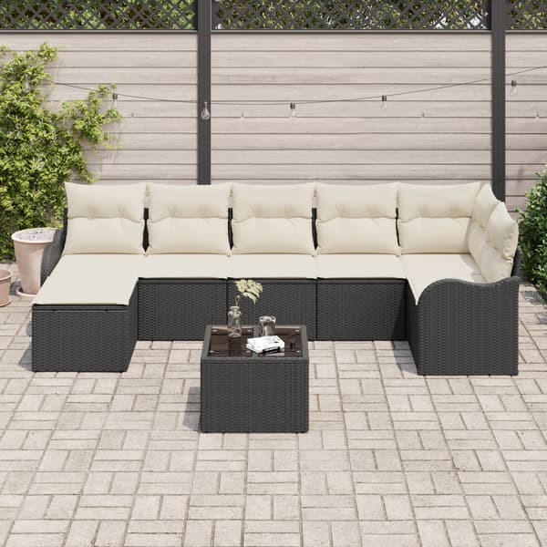 Trädgårdsoffset med kudde 8 pcs Svart och vit Poly rattan