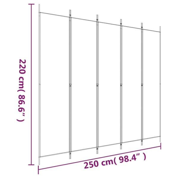 Rumsavdelare 5 paneler vit 250x220 cm tyg