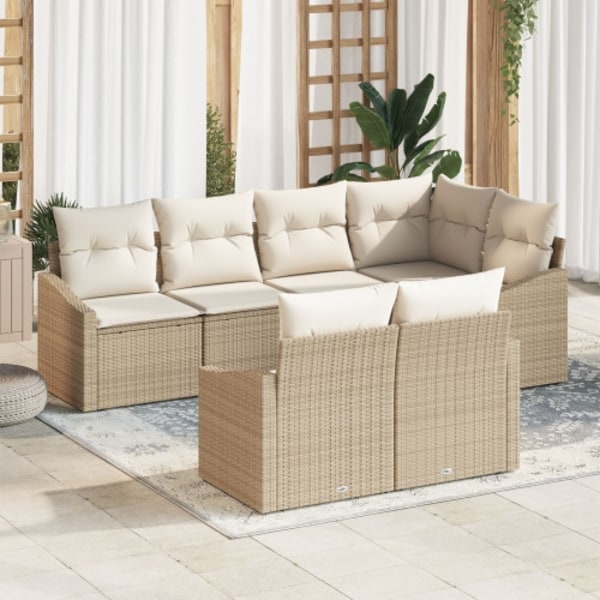 7-delade trädgårdssoffset med kuddar Beige Poly Rattan
