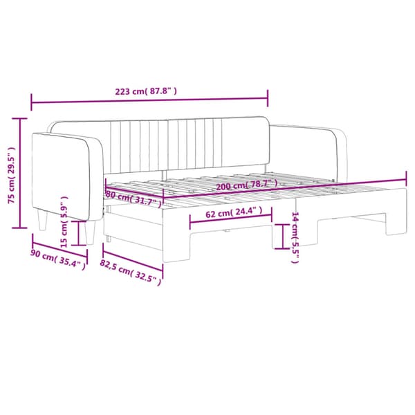 Dagbädd utdragbar rosa 80x200 cm sammet