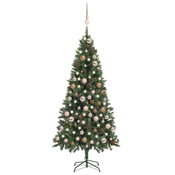 Belyst plastgran med kulor och kottar 180 cm