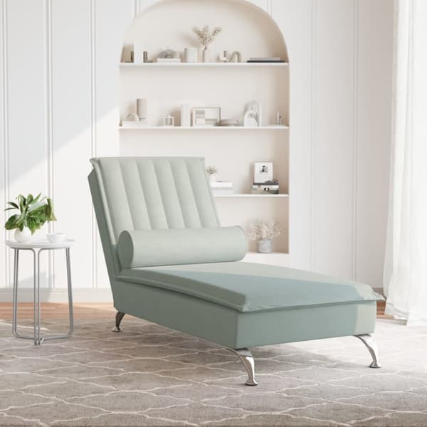 Massageschäslong med bolster ljusgrå sammet