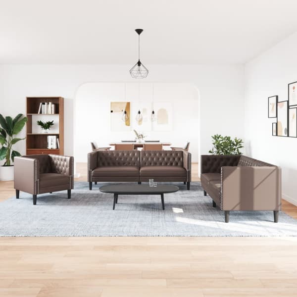 Soffgrupp chesterfield 3 delar brun konstläder