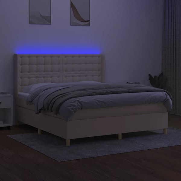 Ramsäng med madrass & LED gräddvit 160x200 cm tyg