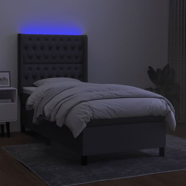 Ramsäng med madrass & LED mörkgrå 90x200 cm tyg