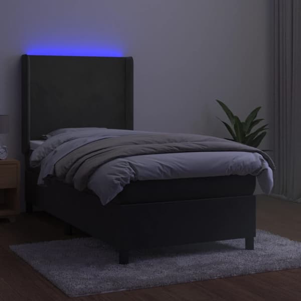 Ramsäng med madrass & LED mörkgrå 100x200 cm sammet