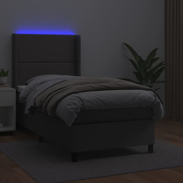 Ramsäng med madrass & LED grå 100x200 cm konstläder