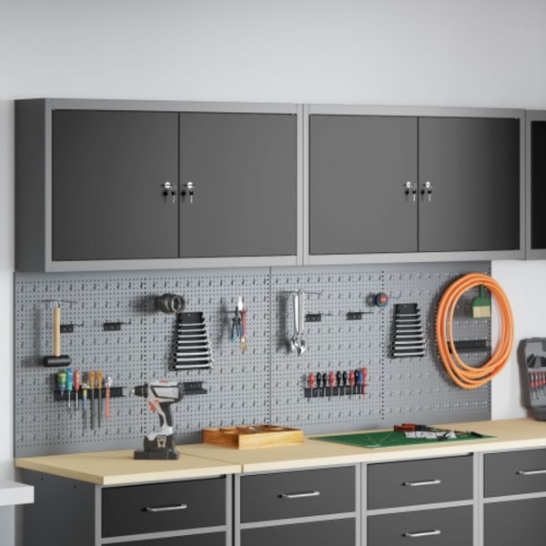 6-delars verktygsskåp och pegboard-set väggmonterat svart metall