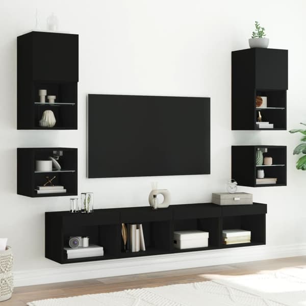 Väggmonterade sängbord med LED-lampor 2 st svart