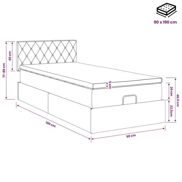 Ottoman säng med madrass Ljusgrå 90 x 190 cm Sammet