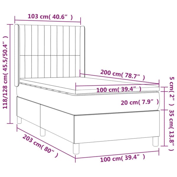 Ramsäng med madrass & LED ljusgrå 100x200 cm sammet