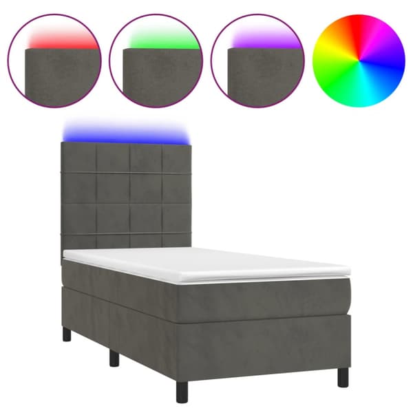 Ramsäng med madrass & LED mörkgrå 100x200 cm sammet