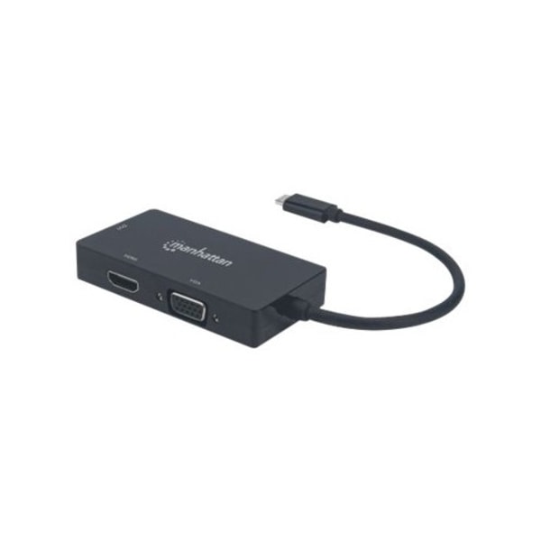 Manhattan USB-C Dock/Hub, Ports (x3): DVI-I, HDMI and VGA Ports, Note: Only One Port can be used at a time, External Power Supply Not Needed, Cable 10 Svart