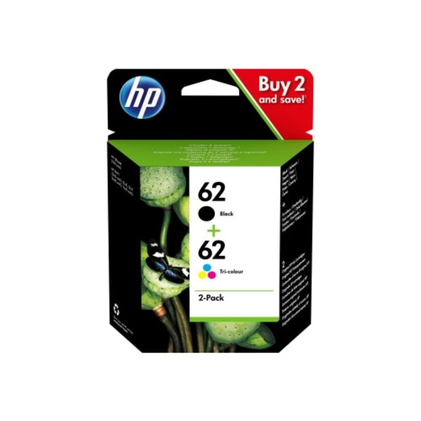 HP 62 - 2-pack - svartfärgad, färg (cyan, magenta, gul) - original - bläckpatron