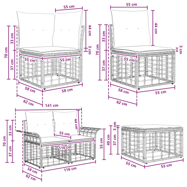Utomhussoffset 6 pcs Svart och Mörkgrå Polyester