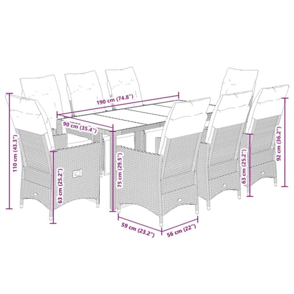Caféset med dynor 9 delar konstrotting grå