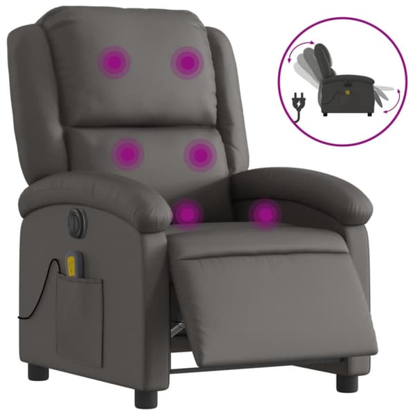 Elektrisk massagefåtölj grå äkta läder