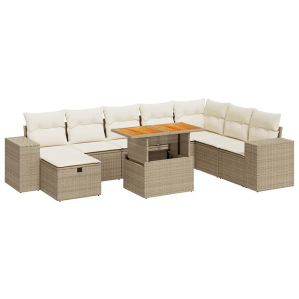Trädgårdssoffset med dynor 9 delar beige konstrotting akacia