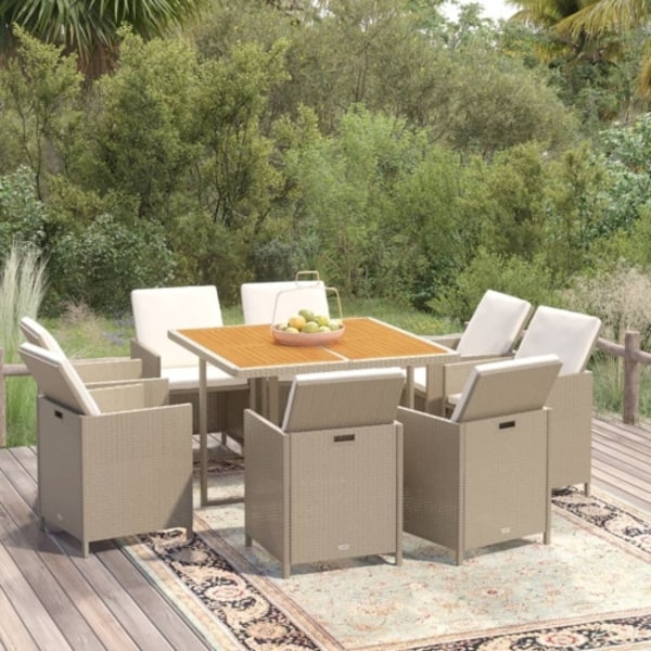 Matgrupp för trädgården med dynor 9 delar konstrotting beige