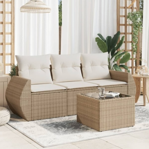 Soffgrupp för trädgård med dynor 4 delar beige konstrotting
