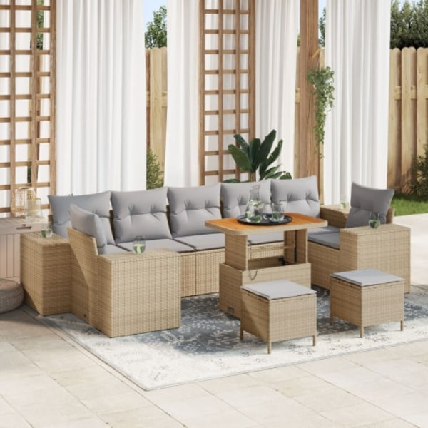 10-delars trädgårdssoffset med kuddar beige poly rattan acacia