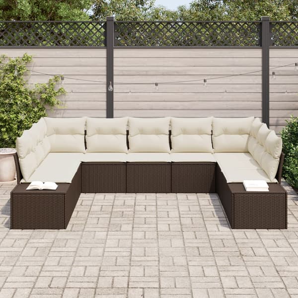 Trädgårdsoffset med kudde 9 pcs Brun och Kräm Polyrattan
