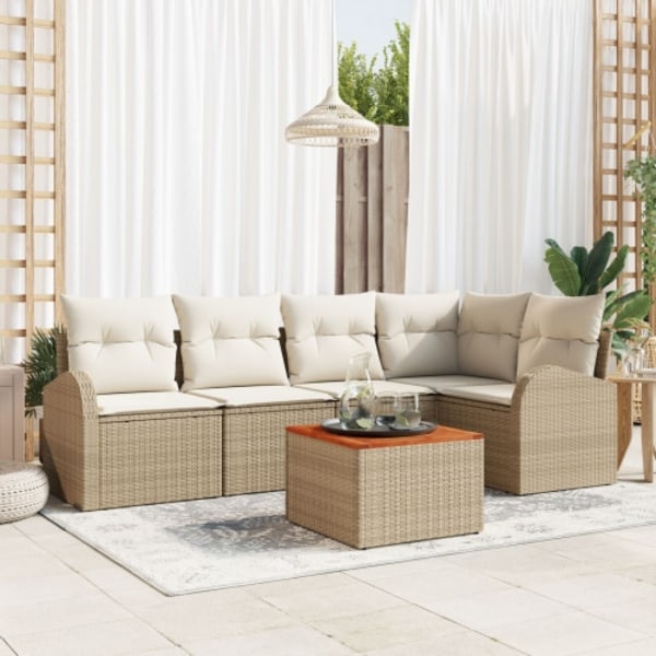 6-delat trädgårdsoffaset med kuddar Beige Poly Rattan Akacia