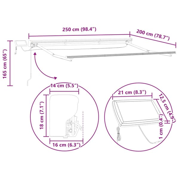 Manuell markisram med LED-lampor 2,5 x 2 m
