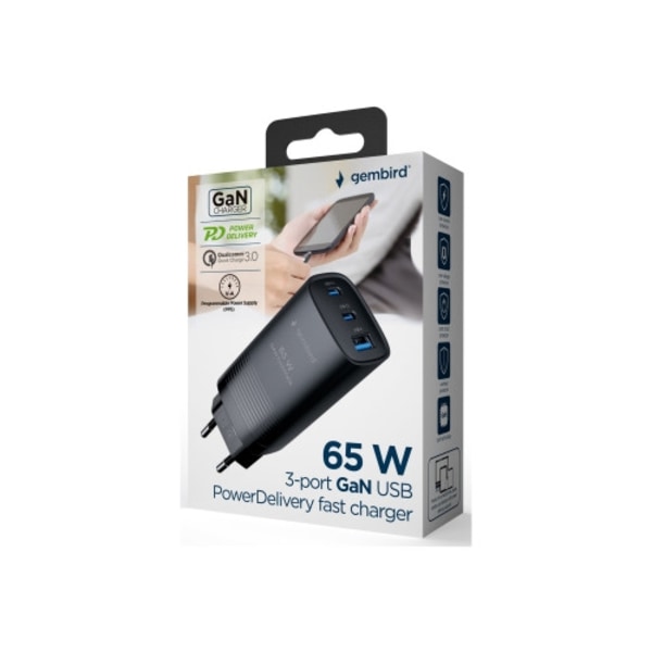 Gembird strömadapter - USB, 24 pin USB-C - 65 Watt Svart