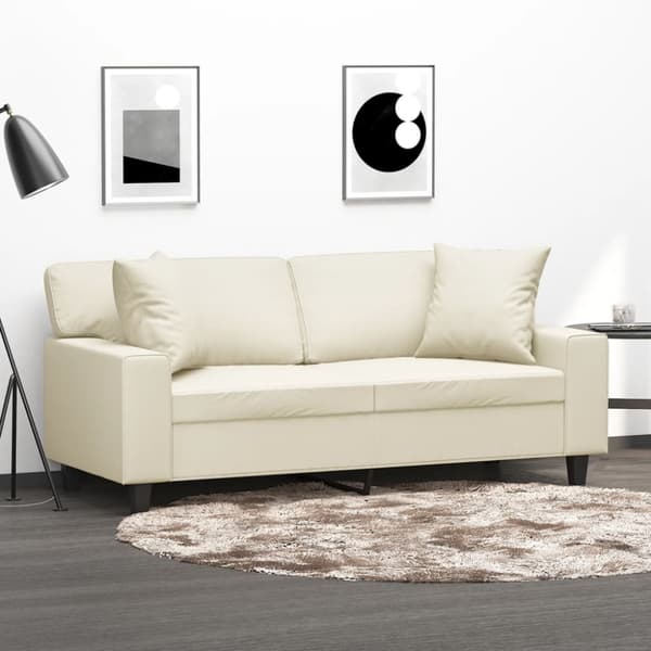 2-sits soffa med prydnadskuddar gräddvit 140 cm konstläder