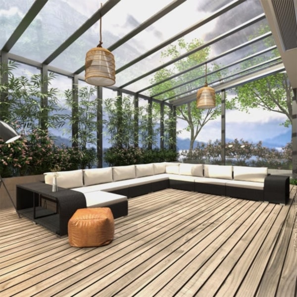 Loungegrupp för trädgården m. dynor 11 delar konstrotting svart