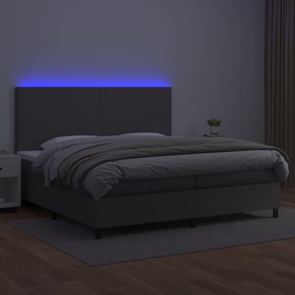 Ramsäng med madrass & LED grå 200x200 cm konstläder