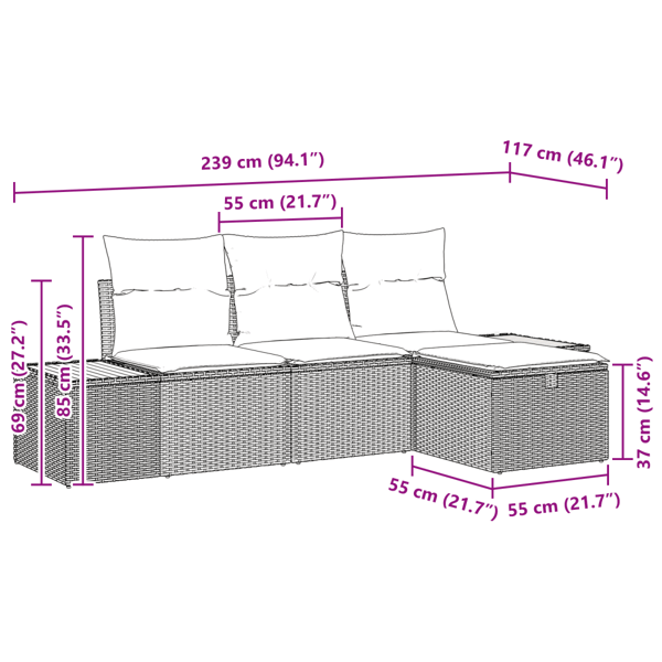 Trädgårdsoffset med kudde 4 pcs Svart Poly rattan