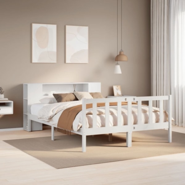 Säng med bokhylla utan madrass vit 140x190cm massiv furu